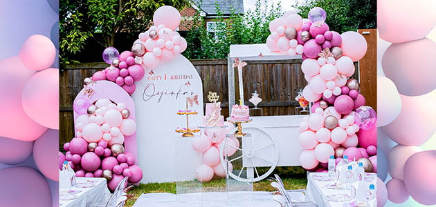 balloon arches in kent, pink balloon arches and sweet cart.