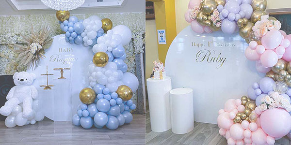 balloon arches in kent, blue , gold and white balloon arch. Pink lilac and gold balloon arch.